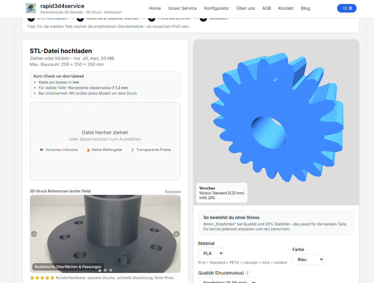3D printing Service: STL upload, 3D-preview see and price in Echtzeit calculate